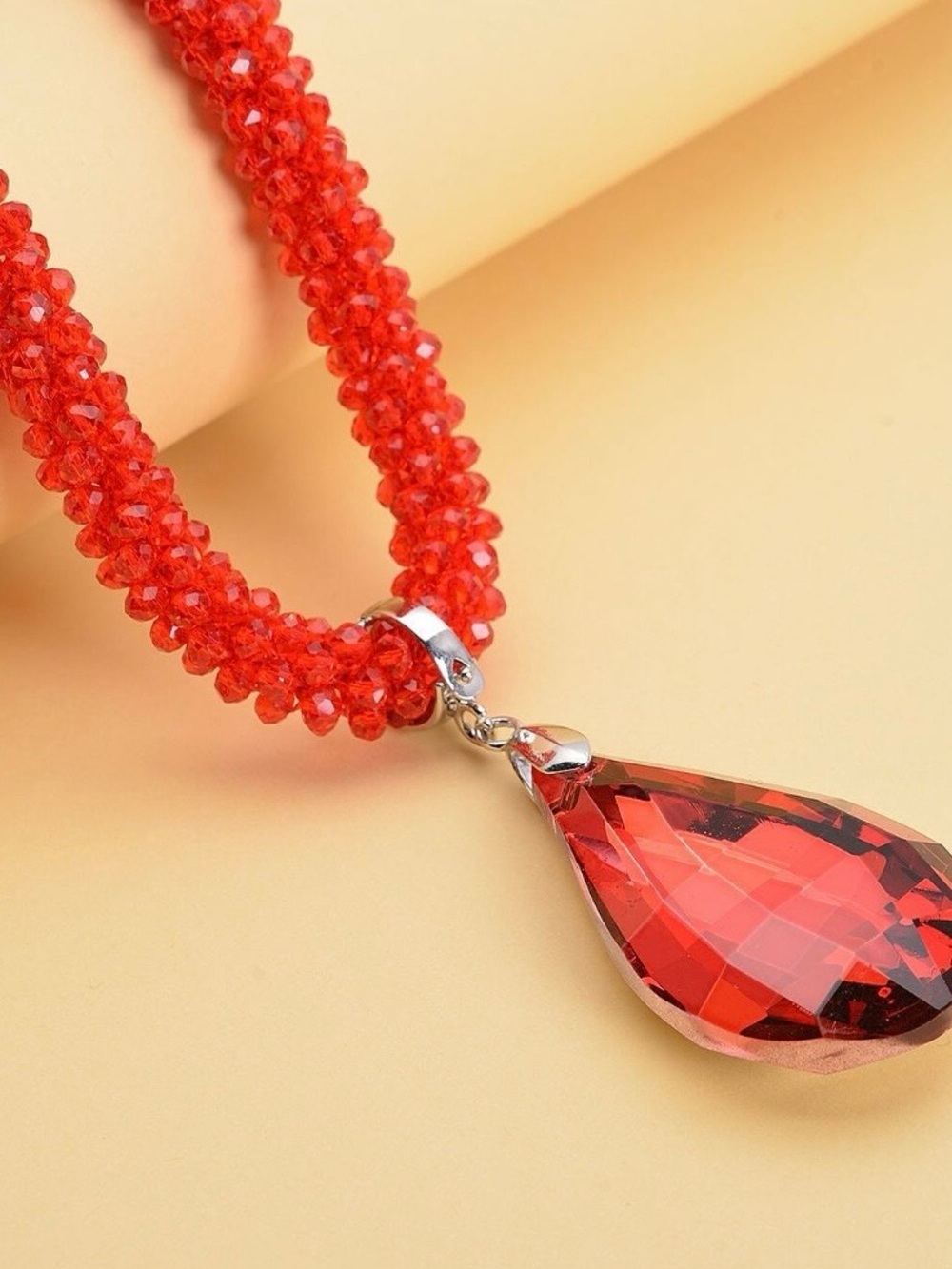 Simulated Ruby Pendant with Beaded Necklace 18-20” in Silvertone